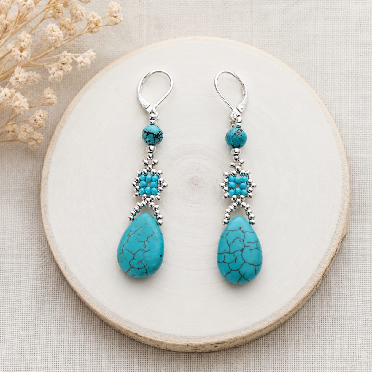 blue howlite turquoise drop earrings, silver tone (2) blue howlite turquoise drop earrings, silver tone (2)
