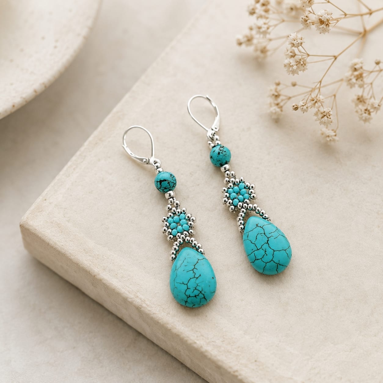 blue howlite turquoise drop earrings, silver tone (3) blue howlite turquoise drop earrings, silver tone (3)