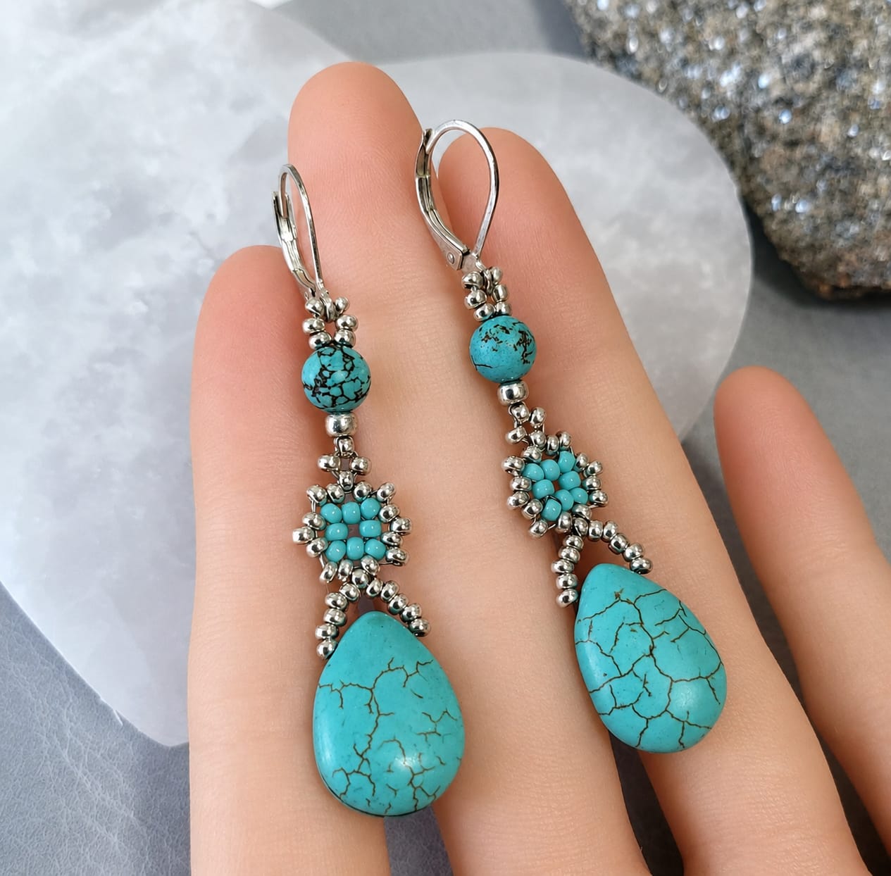 blue howlite turquoise drop earrings, silver tone (1) blue howlite turquoise drop earrings, silver tone (1)