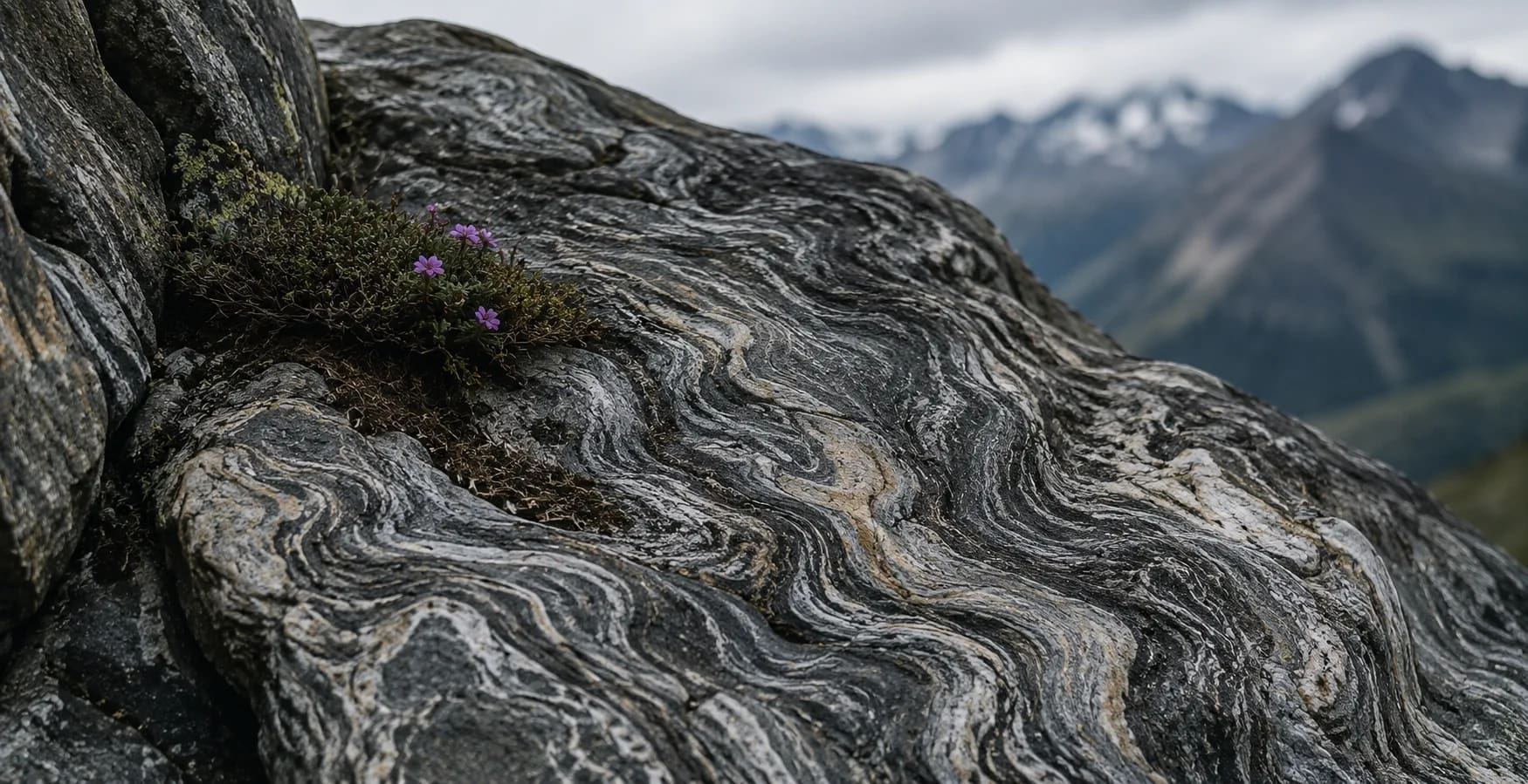 swirling rock layers with alpine flora swirling rock layers with alpine flora