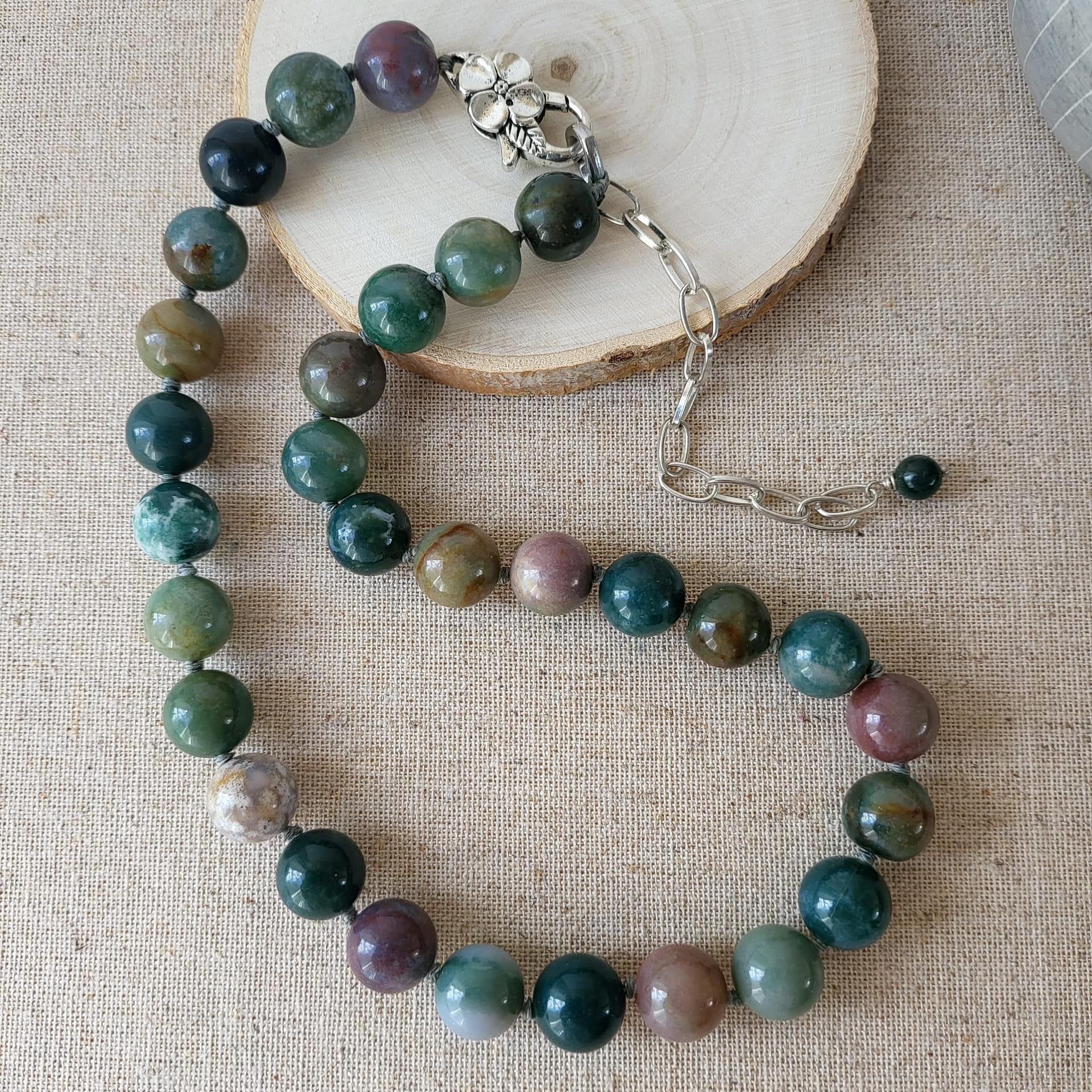 Indian agate beaded necklace in shades of green (2) Mossy Grove green agate beaded necklace
