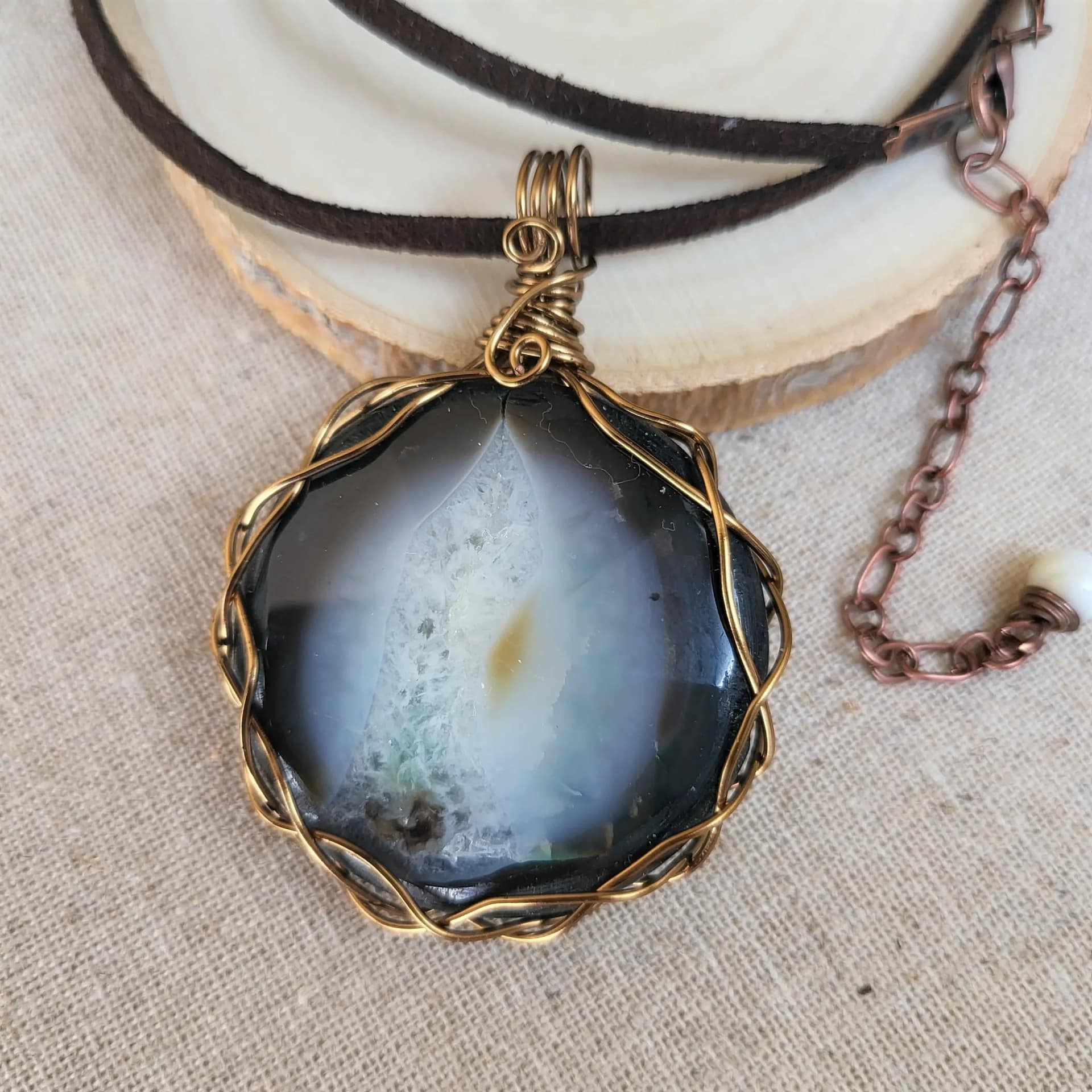 blue and white agate wire wrapped pendant on cord2 (2) xnc