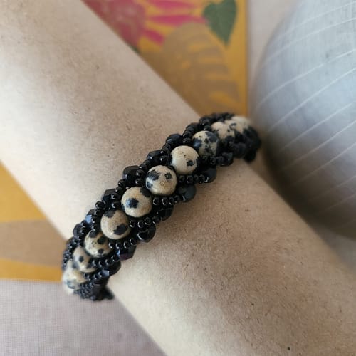 Handmade Jewellery & Stone Library Dalmatian Jasper Beaded Bracelet With Black Crystals 1 Scaled