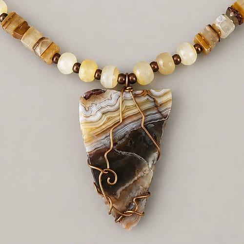 Handmade Jewellery & Stone Library arrow head brown agate necklace close up