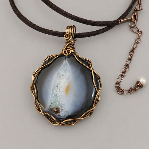 Handmade Jewellery & Stone Library blue and white agate wire wrapped pendant on cord result xnc