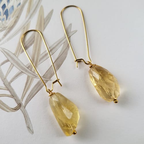 Yellow citrine Boho drop earrings, gold plated hooks